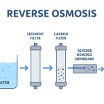 Ilustrasi proses reverse osmosis yang menunjukkan air melewati membran penyaring untuk memisahkan kotoran dan menghasilkan air murni.