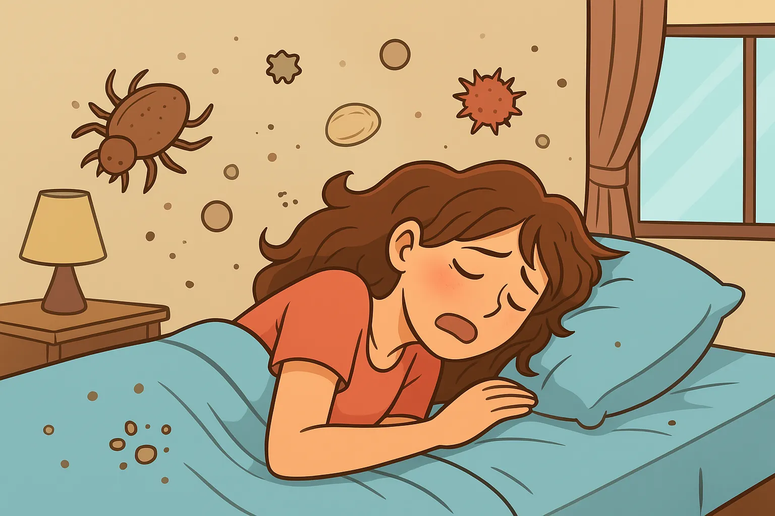 Ilustrasi wanita tidur gelisah di kamar yang penuh debu dan bulu hewan sebagai penyebab alergi