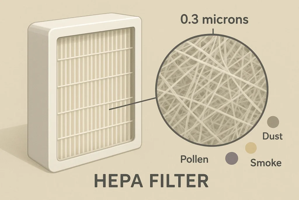 Ilustrasi realistis struktur HEPA filter yang memperlihatkan serat mikro penyaring partikel hingga ukuran 0.3 mikron