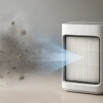 Ilustrasi HEPA filter di dalam air purifier modern sedang menyaring udara dari debu, asap, dan partikel halus menjadi udara bersih di rumah