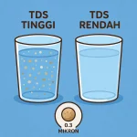 Ilustrasi perbandingan air dengan TDS tinggi dan rendah, menampilkan partikel terlarut di bawah mikroskop.