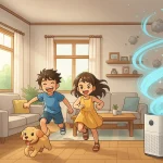 anak bermain ceria di rumah dengan udara bersih dari air purifier