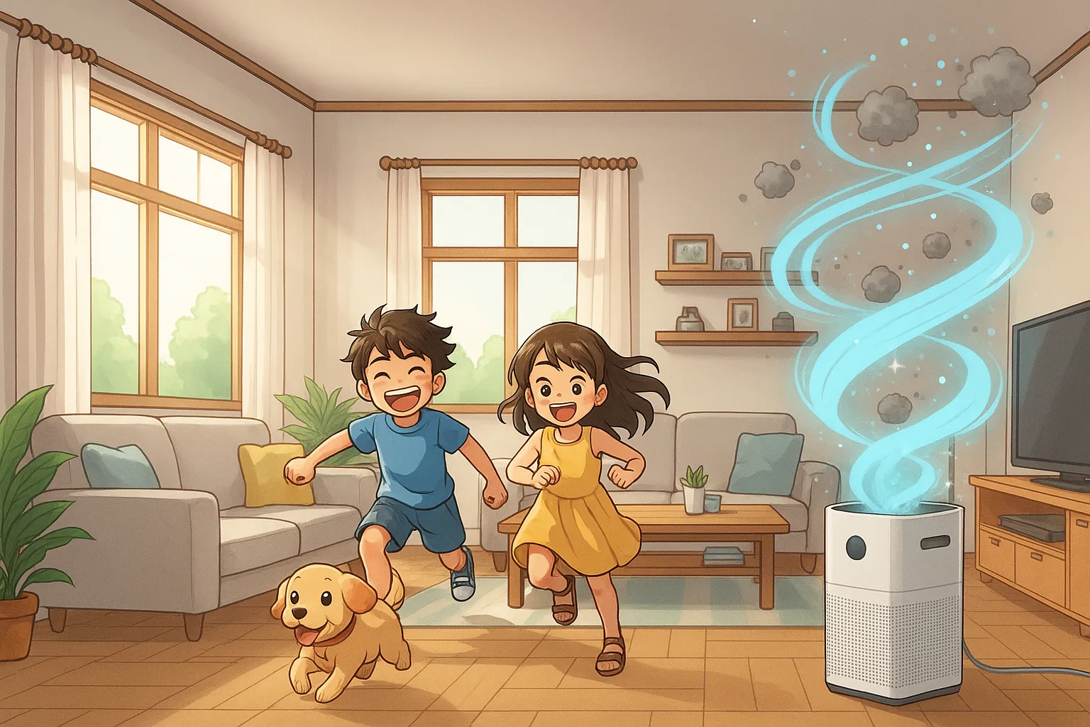 anak bermain ceria di rumah dengan udara bersih dari air purifier